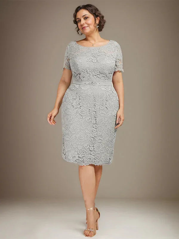 Vestido de Mãe da Noiva em Chiffon com Renda, Bordado e Comprimento ao Joelho, Modelo Tubo/Coluna