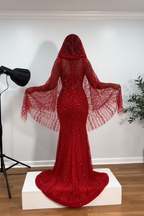 Crimson Ruby Heiress Mermaid Gown With Hand Beaded Crystal Encrusted Hooded Veil