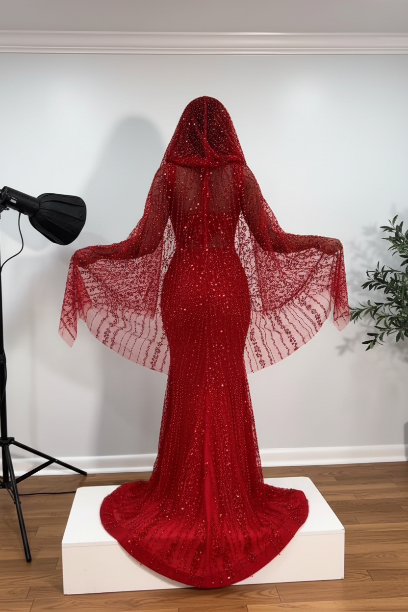 Crimson Ruby Heiress Mermaid Gown With Hand Beaded Crystal Encrusted Hooded Veil