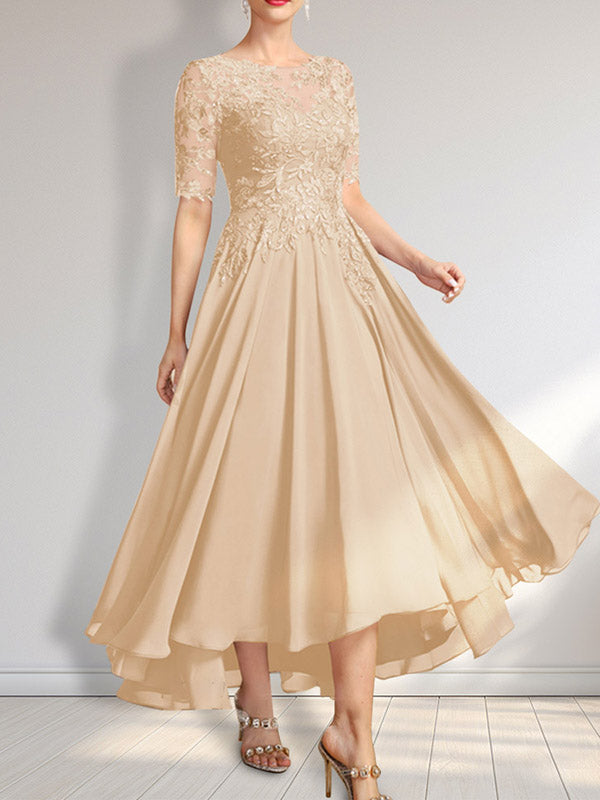 Robe de mère de la mariée en mousseline et dentelle asymétrique illusion à encolure dégagée, coupe en A, ornée de paillettes