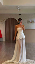 White Strapless Pleated Beaded Long Prom Dress With Custom Colors And Sizes