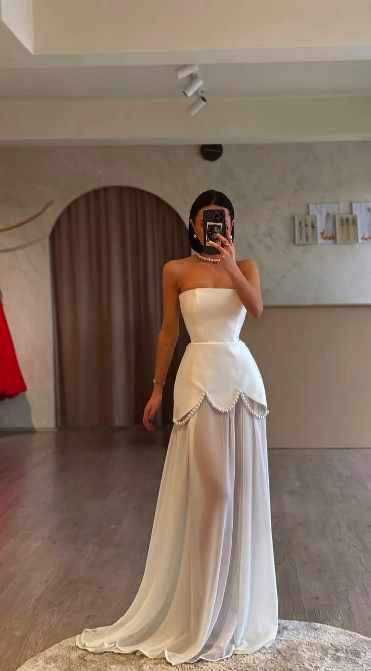 White Strapless Pleated Beaded Long Prom Dress With Custom Colors And Sizes