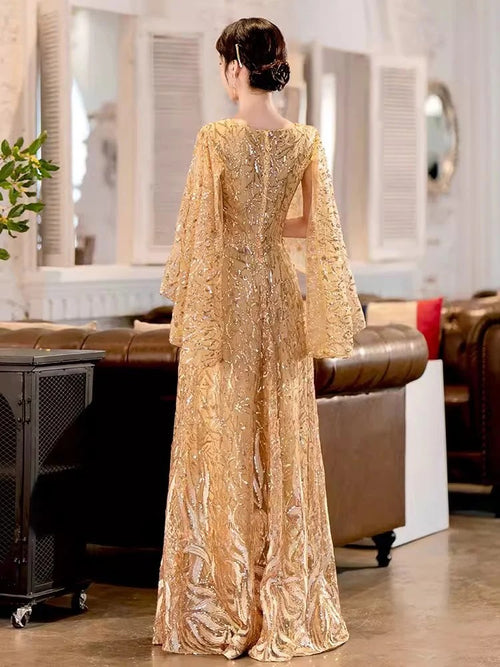 Vestidos de novia dorados con lentejuelas 2025 Madre de la novia Elegantes de escote en V línea A largo hasta el suelo Vestidos largos de fiesta de boda personalizados