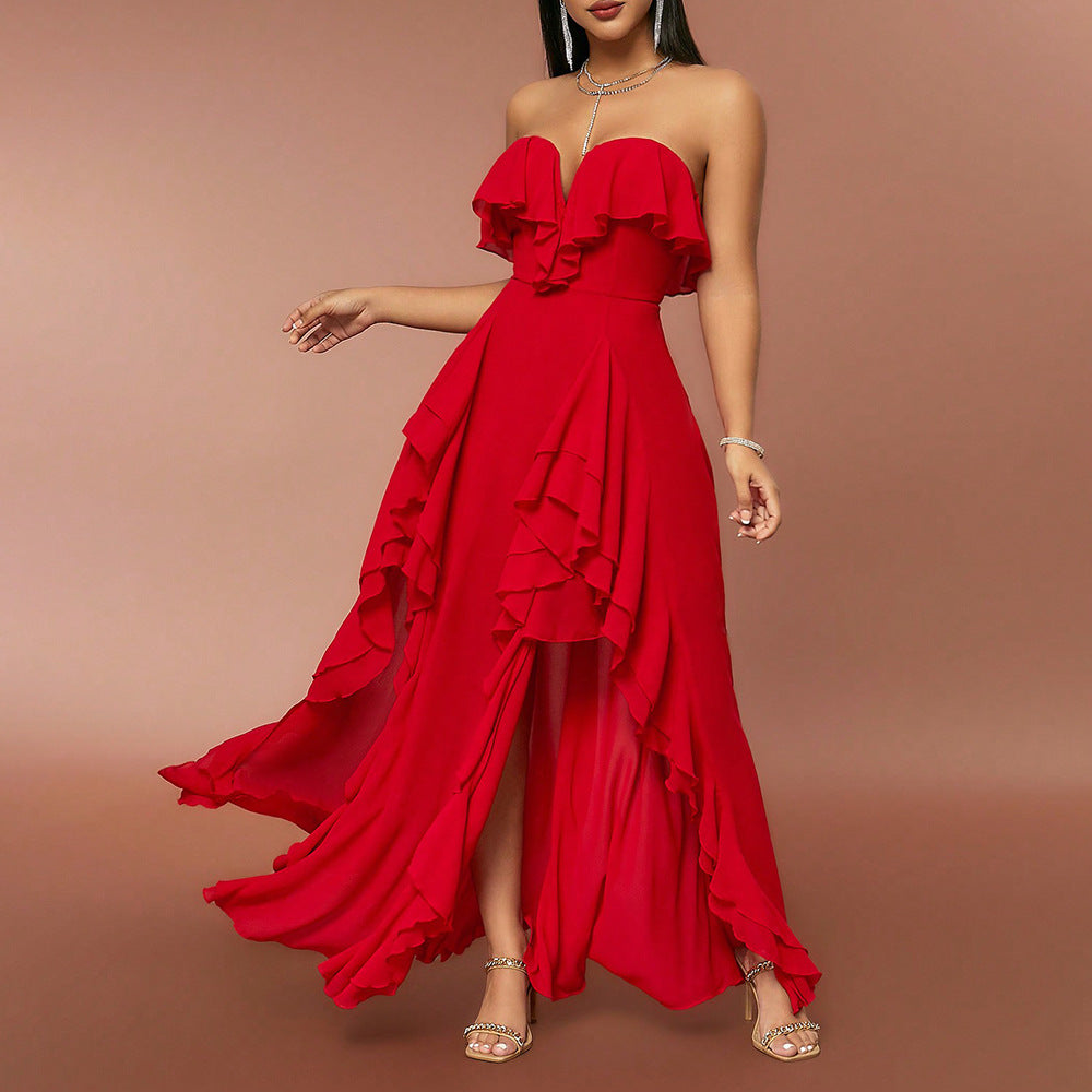 Frühling Sommer Damen Kleidung Modisches Elegantes Kleid Tube Top V-Ausschnitt Volant Rückenfreies Abendkleid 