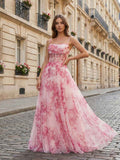 Pink Floral Corset Prom Dress With Tulle Long Gown