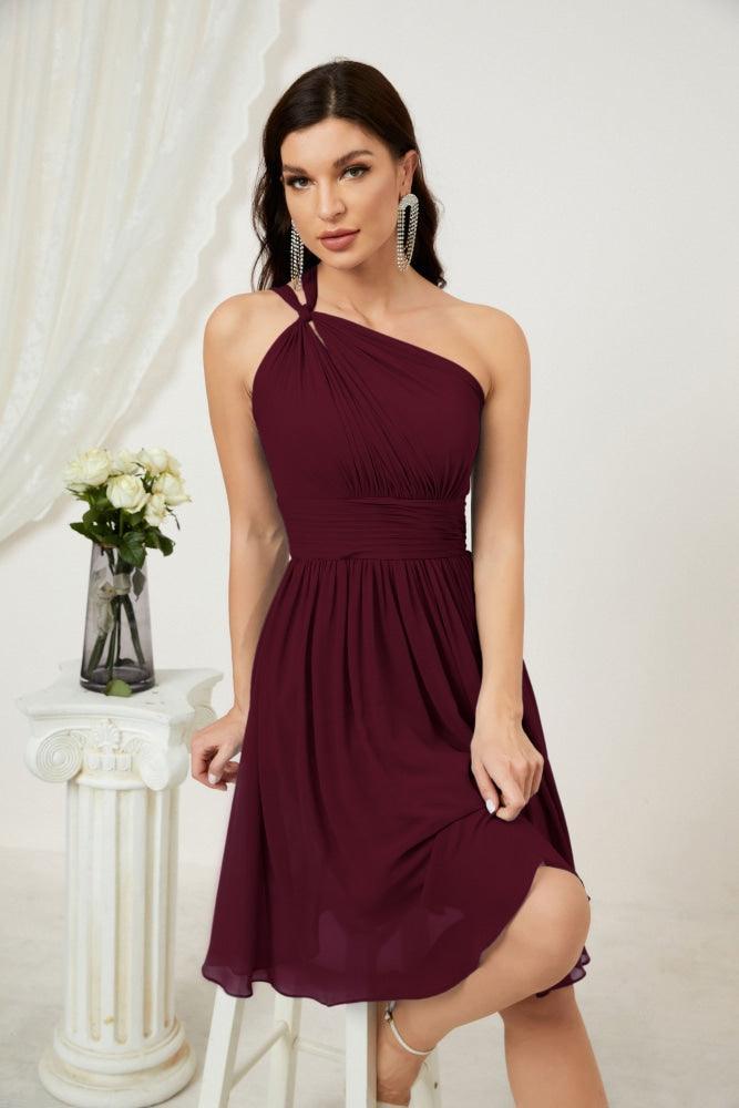 Vestido de Noiva de Ombro Único em Chiffon Curto para Damas de Honra, Vestidos Formais para Festas e Baile de Finalistas 2804