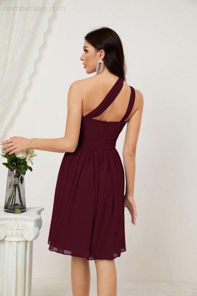 Numbersea Damen Chiffon Kurzes Ein-Schulter Brautjungfernkleid Festliche Kleider für Feier Heimkehr 2804