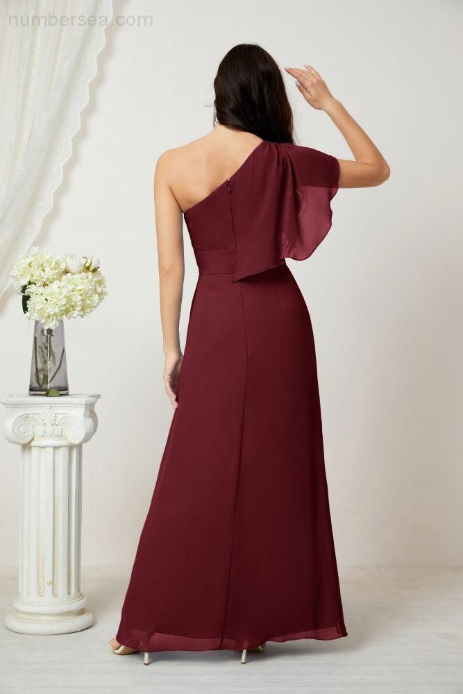 Abito da Sera Formale A-line con Spalla Singola e Balze in Chiffon, Spacco Laterale, per Damigelle, Modello 2809