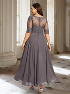 فساتين أم العروس بنصف أكمام على شكل حرف A/أميرة مع تطريزات