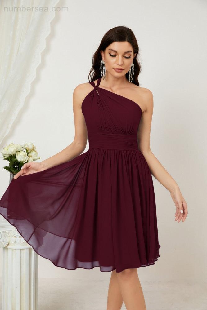 Numbersea Damen Chiffon Kurzes Ein-Schulter Brautjungfernkleid Festliche Kleider für Feier Heimkehr 2804