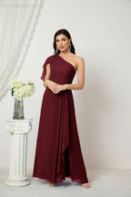 Abito da Sera Formale A-line con Spalla Singola e Balze in Chiffon, Spacco Laterale, per Damigelle, Modello 2809