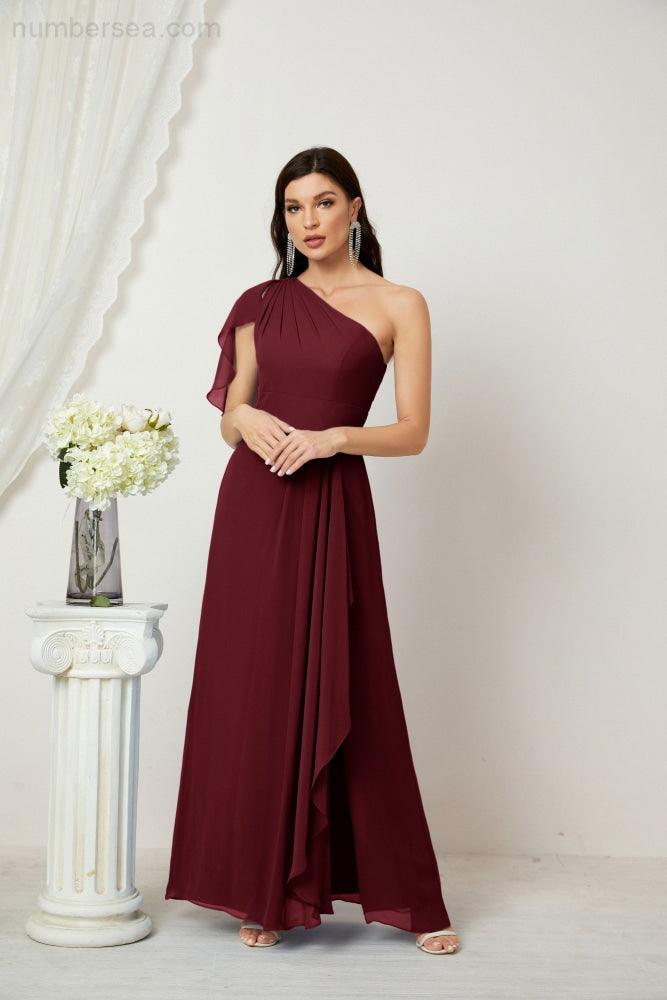 Abito da Sera Formale A-line con Spalla Singola e Balze in Chiffon, Spacco Laterale, per Damigelle, Modello 2809