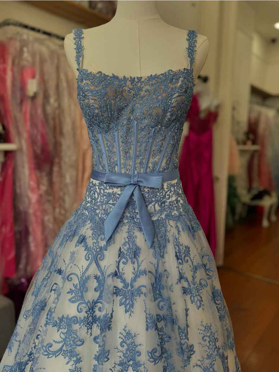 Royal Blue Baroque Lace Corset Prom Dress Long With Beadwork