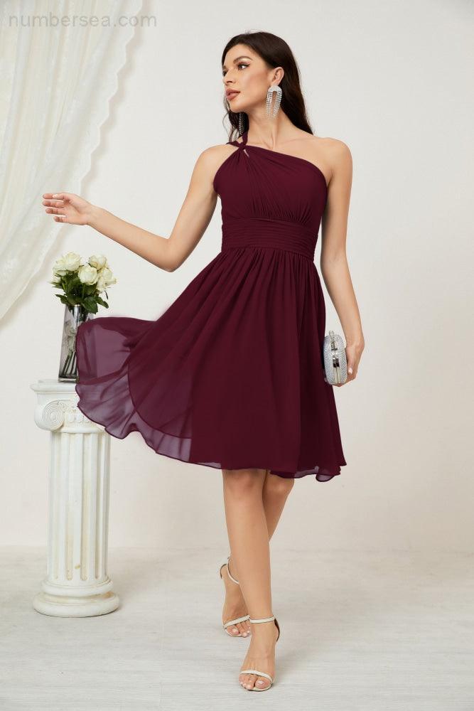 Numbersea Damen Chiffon Kurzes Ein-Schulter Brautjungfernkleid Festliche Kleider für Feier Heimkehr 2804