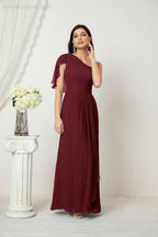 Abito da Sera Formale A-line con Spalla Singola e Balze in Chiffon, Spacco Laterale, per Damigelle, Modello 2809