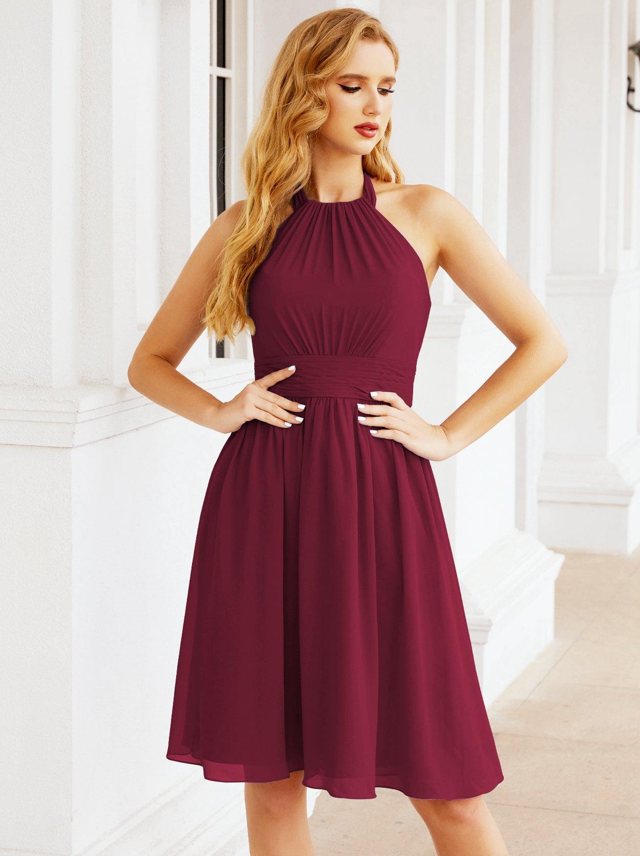 فستان وصيفات العروس من الشيفون مع ربطة، بدون أكمام، طويل، فستان حفلة رسمي بظهر مفتوح 28023