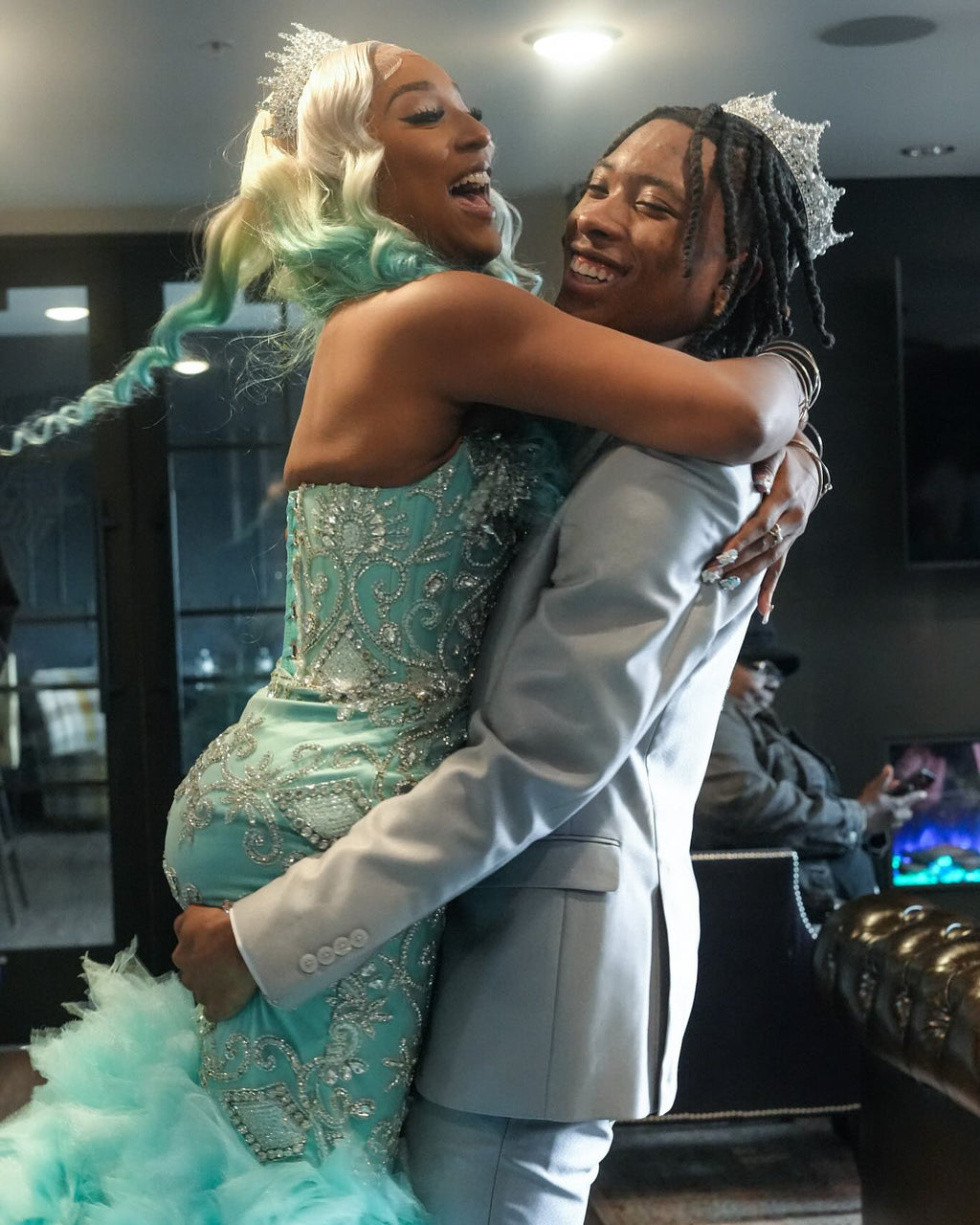 Tiffany Blue Crystal Mermaid Gown With 3D Leaf Bodice And Tiered Prom Dress