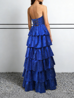 Vestido de Baile Azul Real Sem Alças com Camadas | Vestido de Noite com Folhos e Brilho Cintilante