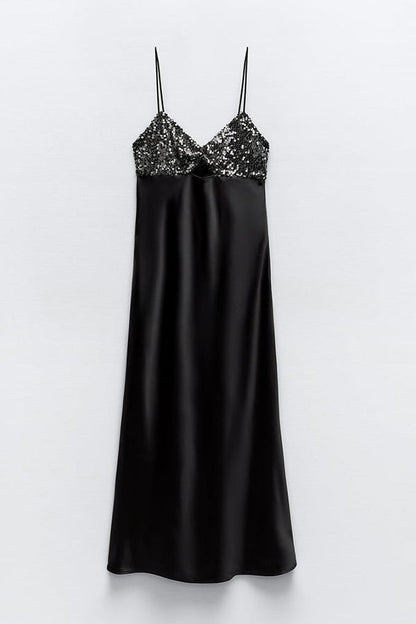 Party on My Mind Sequin Satin Patchwork Slip Stretch Midi Dress