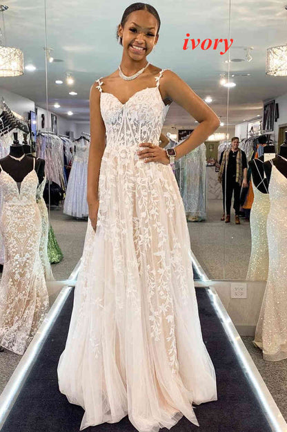 A-line Sweetheart Lace Tulle Prom Dress with Slit