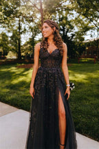 Abito da sera in tulle con pizzo a linea ad A e scollo a cuore con spacco