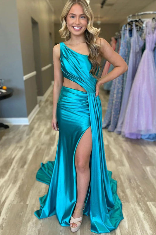 Encantadores vestidos de fiesta de satén con un solo hombro y corte sirena con abertura
