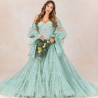 Elegant Tulle Maternity Dress for Photoshoot Ruffle Puff Sleeves Bridal Robe Maternity Gowns Green Pregnancy Photography Dresses