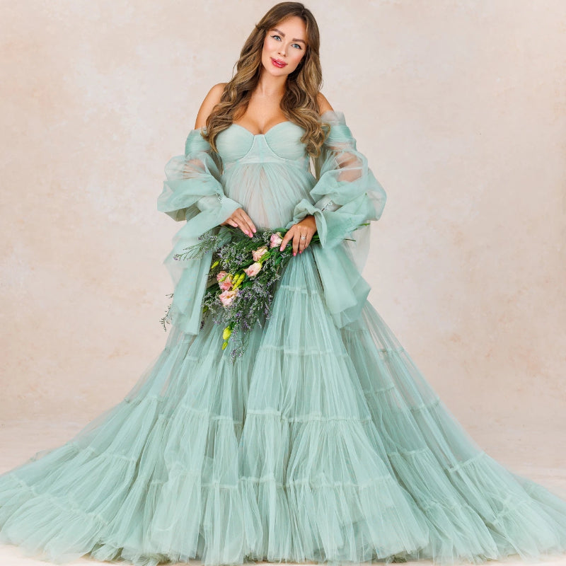 Elegant Tulle Maternity Dress for Photoshoot Ruffle Puff Sleeves Bridal Robe Maternity Gowns Green Pregnancy Photography Dresses