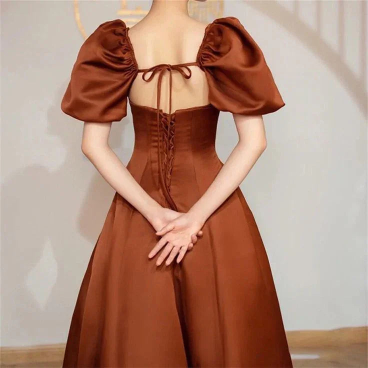 Coffee satin prom dress long Short puffy sleeve ball gown Square neck Fairy formal dress  Y4962