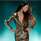 Deep V Sequin Long Sleeve Bodycon Prom Dress