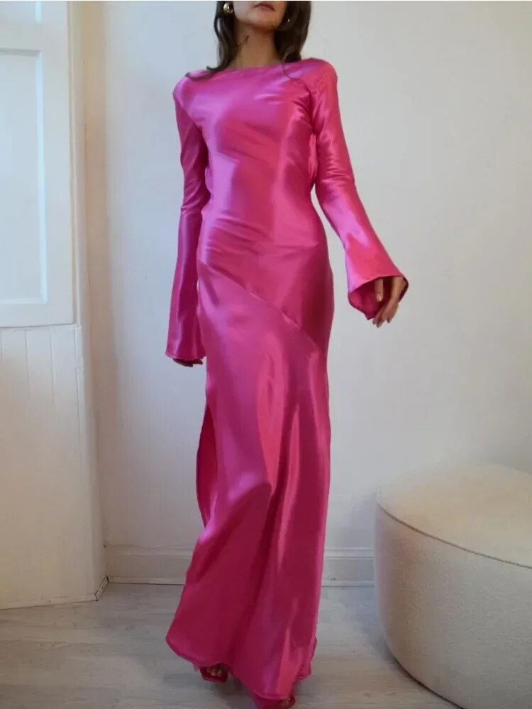 TARUXY Satin Side Slit Kleid Frauen Elegante Party Lose Backless Lange Kleider Für Lady Club Solide Temperament Abendkleid Femme 