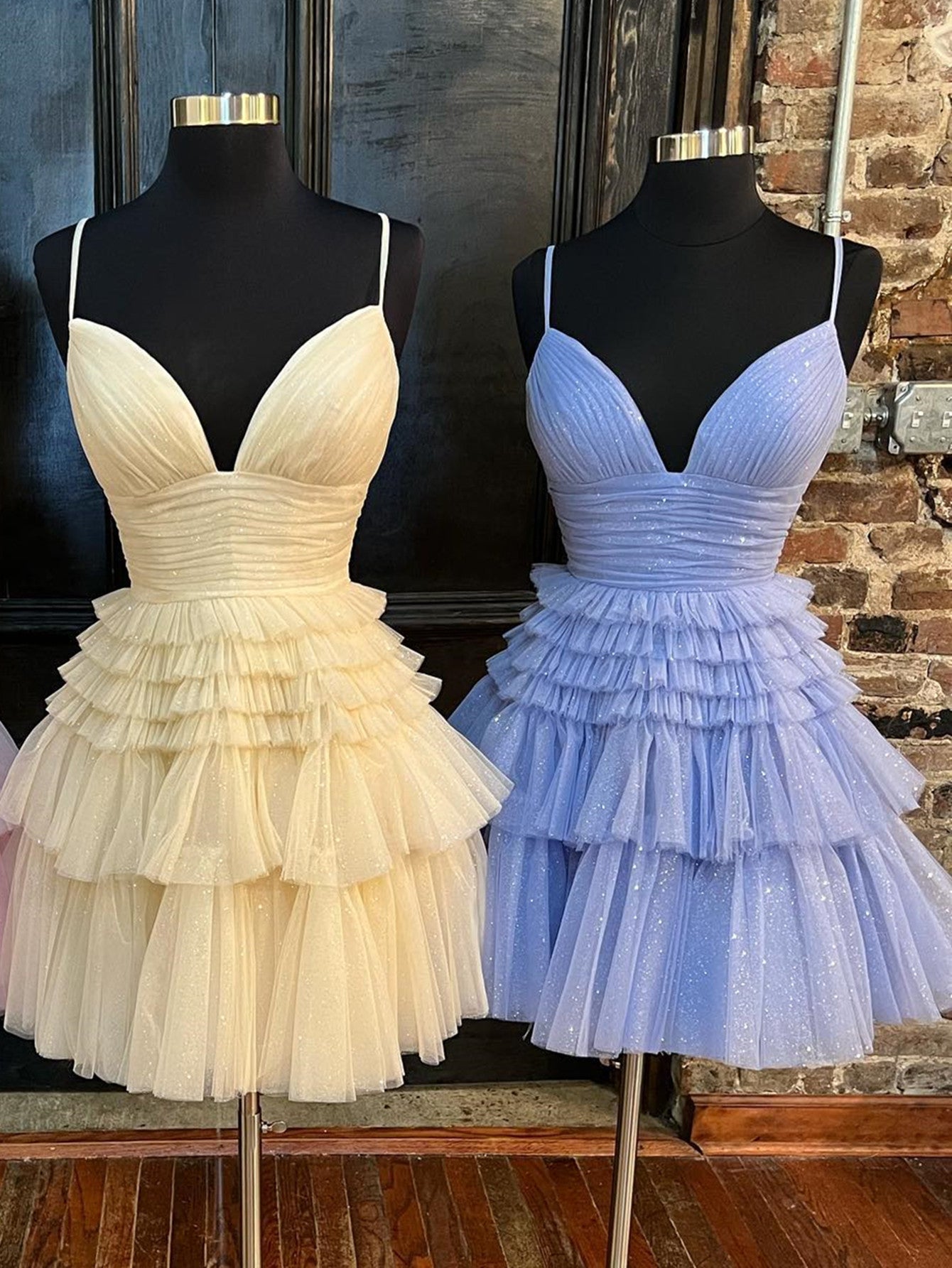 A-Line Deep V Neck Tiered Short Homecoming Dress