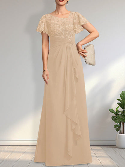 Vestido de madre de la novia de gasa con encaje, ilusión asimétrica, largo hasta el suelo, con volantes en cascada y lentejuelas. 