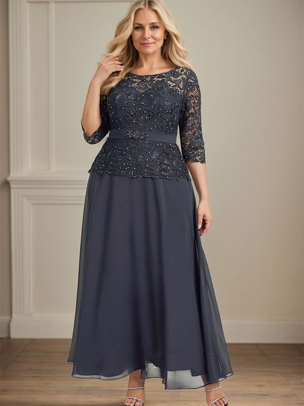 Robe de mère de la mariée en dentelle en mousseline, longueur cheville, coupe trapèze, décolleté illusion en forme de goutte, ornée de perles en strass