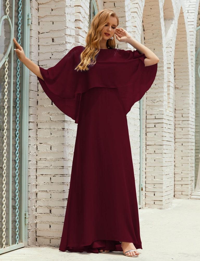 Abito da Damigella Donna Manica Lunga Scollatura a V Chiffon Abito da Cerimonia Matrimonio Festa 28018