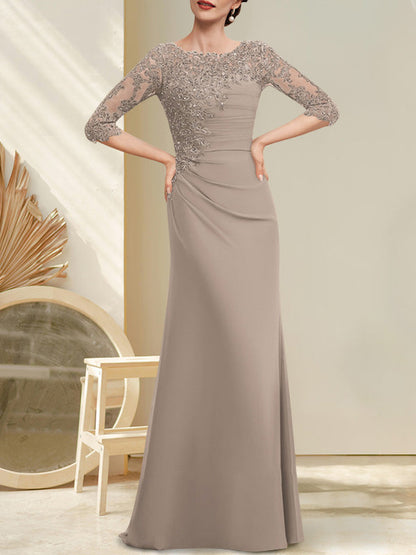 Vestido de gasa con encaje y escote redondo para madre de la novia, con lentejuelas plisadas y cuentas.