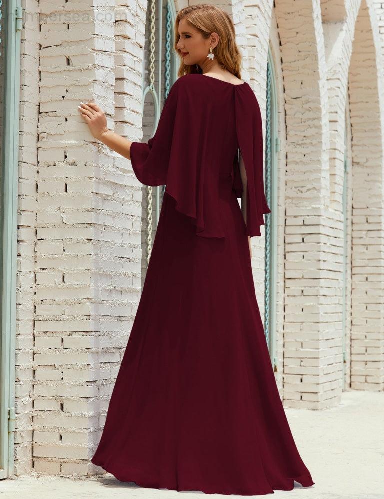 Abito da Damigella Donna Manica Lunga Scollatura a V Chiffon Abito da Cerimonia Matrimonio Festa 28018