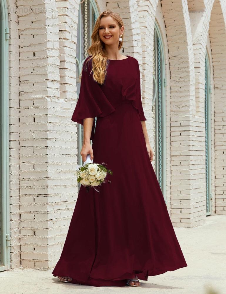 Abito da Damigella Donna Manica Lunga Scollatura a V Chiffon Abito da Cerimonia Matrimonio Festa 28018