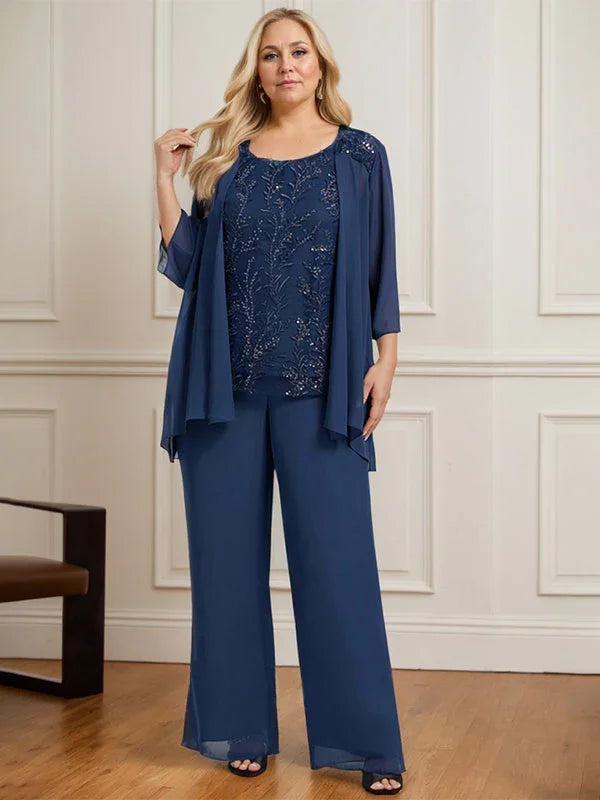 Mono/Pantalón Separado con Escote Redondo, Largo hasta el Suelo, de Encaje y Gasa, Vestido de Madre de la Novia con Lentejuelas