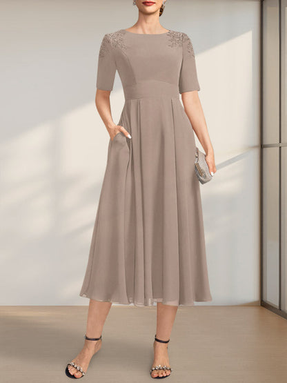 A-Linie U-Ausschnitt Wadenlang Chiffon Kleid für die Brautmutter mit Applikationen Spitze Pailletten