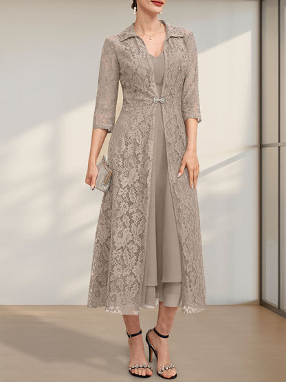 A-Linie V-Ausschnitt Wadenlanges Chiffonkleid für die Brautmutter