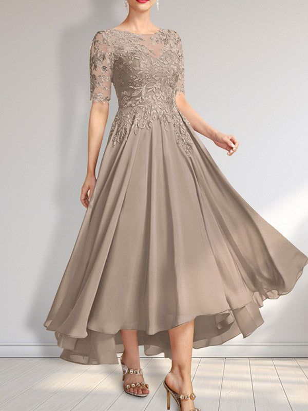 Robe de mère de la mariée en mousseline et dentelle asymétrique illusion à encolure dégagée, coupe en A, ornée de paillettes