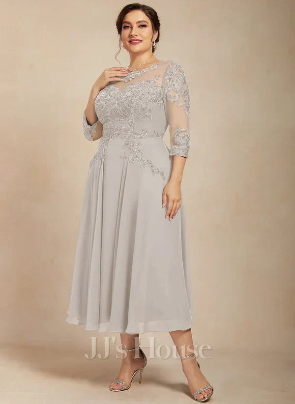 A-Linie, U-Ausschnitt, Illusion, knielang, Chiffon, Spitze, Kleid für die Brautmutter mit Perlen und Pailletten