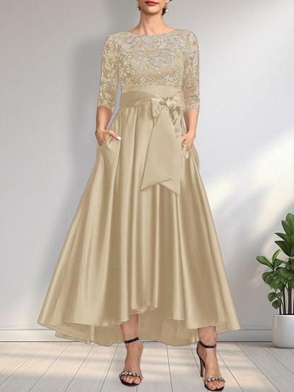 A-Linie U-Ausschnitt Illusion Asymmetrisch Satin Spitze Mutter der Braut Kleid mit Schleife