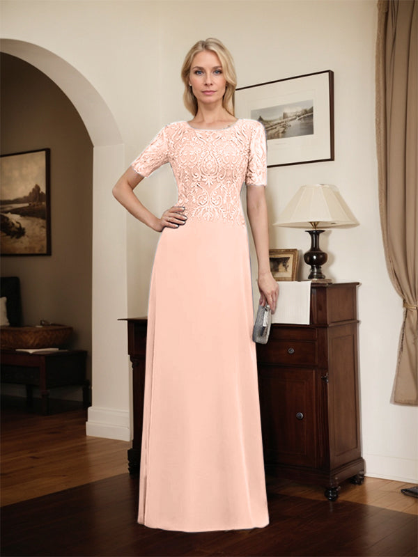 Robe de mère de la mariée en dentelle et mousseline, longueur au sol, en ligne A, décolleté en U, ornée de paillettes