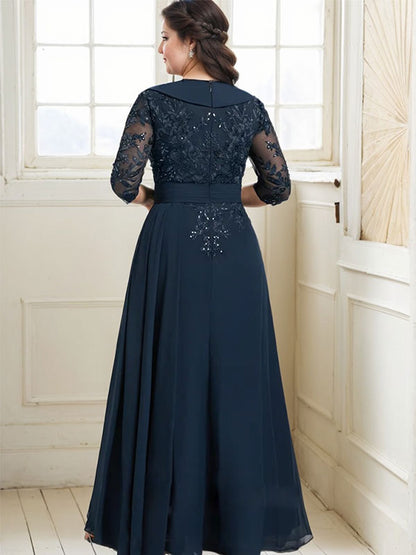 Vestido de madre de la novia de gasa con encaje, escote en V, corte A y largo hasta el suelo, con lentejuelas y volantes en cascada 