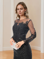 Long Sleeve Scoop Neck Mermaid Trumpet Mother Of The Bride Dress With Applique