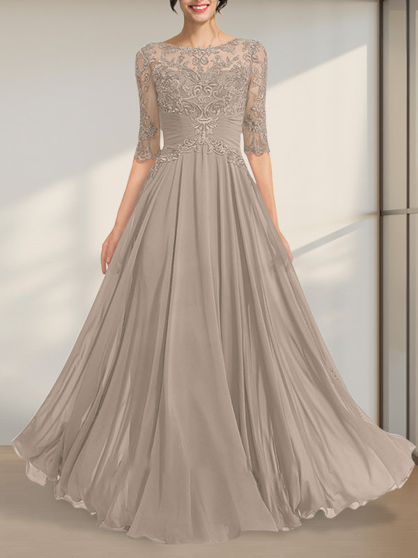 A-Linie, U-Ausschnitt, Illusion, bodenlanges Chiffon-Spitzenkleid für die Brautmutter mit plissierten Pailletten