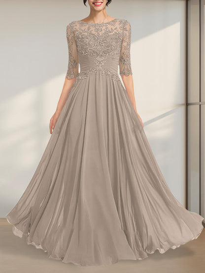 A-Linie, U-Ausschnitt, Illusion, bodenlanges Chiffon-Spitzenkleid für die Brautmutter mit plissierten Pailletten