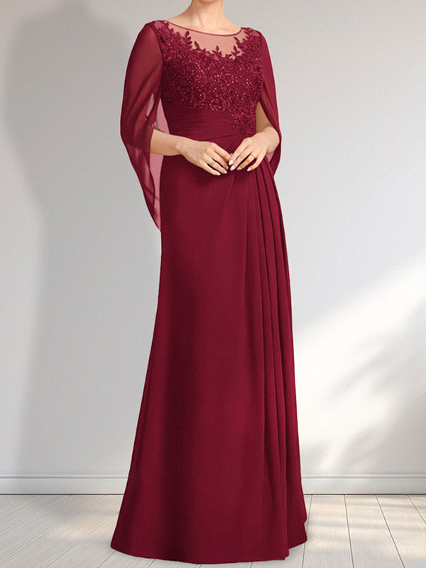 A-Linie, U-Ausschnitt, Illusion, bodenlanges Chiffon-Kleid für die Brautmutter mit plissierten Pailletten